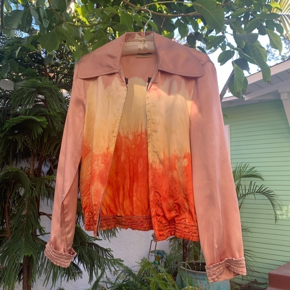Vtg Tie Dye Crop Jacket with Collar | Pink, Orange. Yellow Gradient | S | Bomber